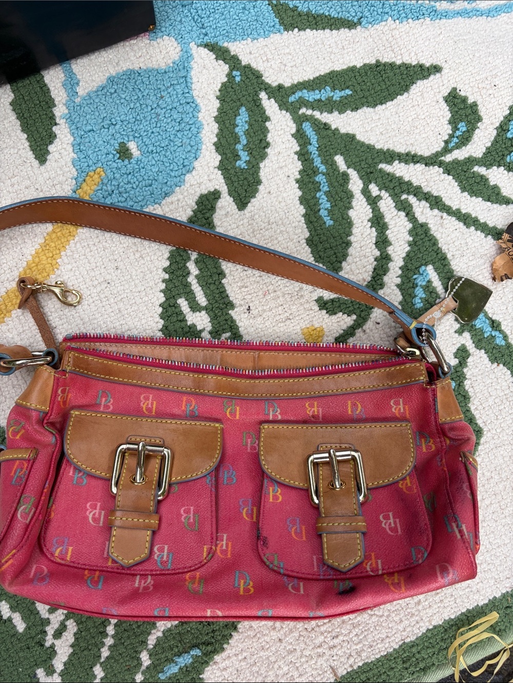 Women's Pink Logo-Print Shoulder Bag with Tan Leather Trim